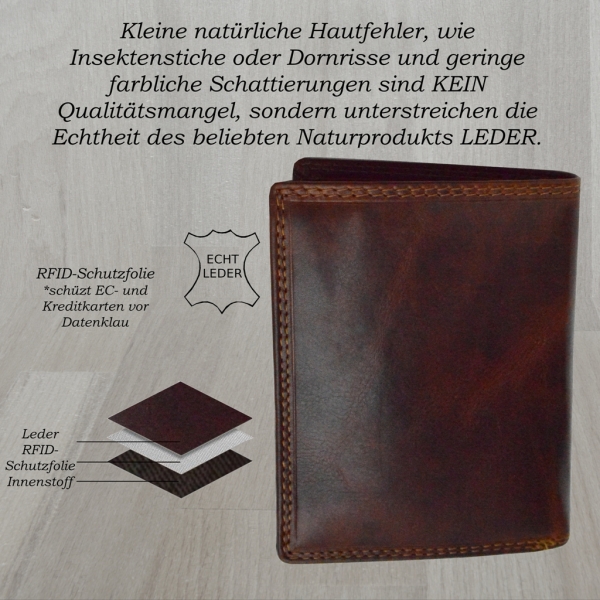 flevado Herren Geldbörse Biker Börse mit Totenkopf Vintage Leder RFID Schutz (braun)